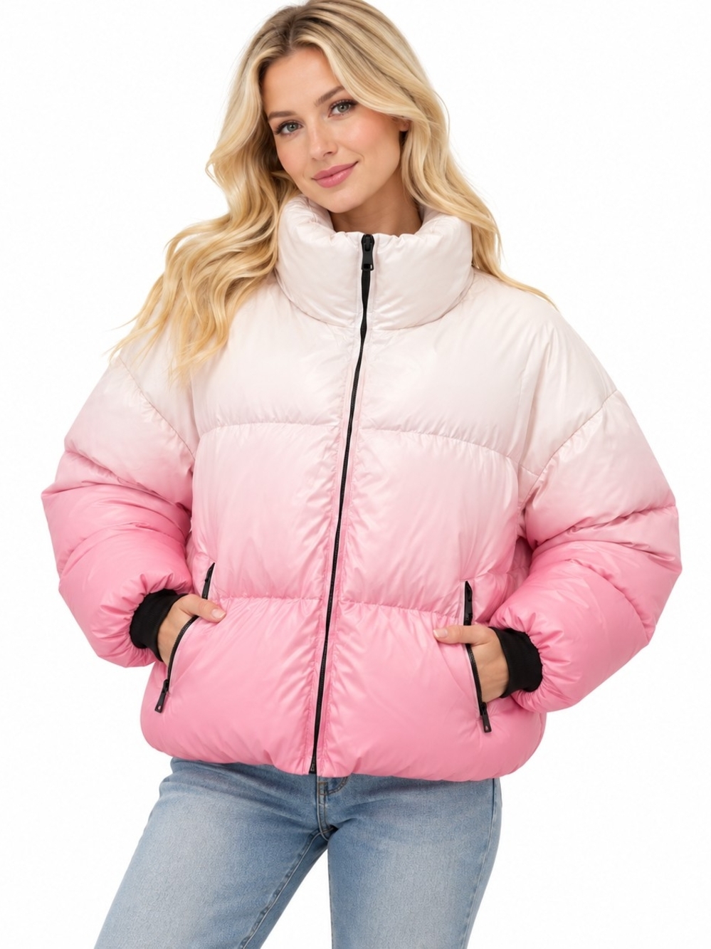 Women's Ombre Pink Puffer Jacket with High Collar